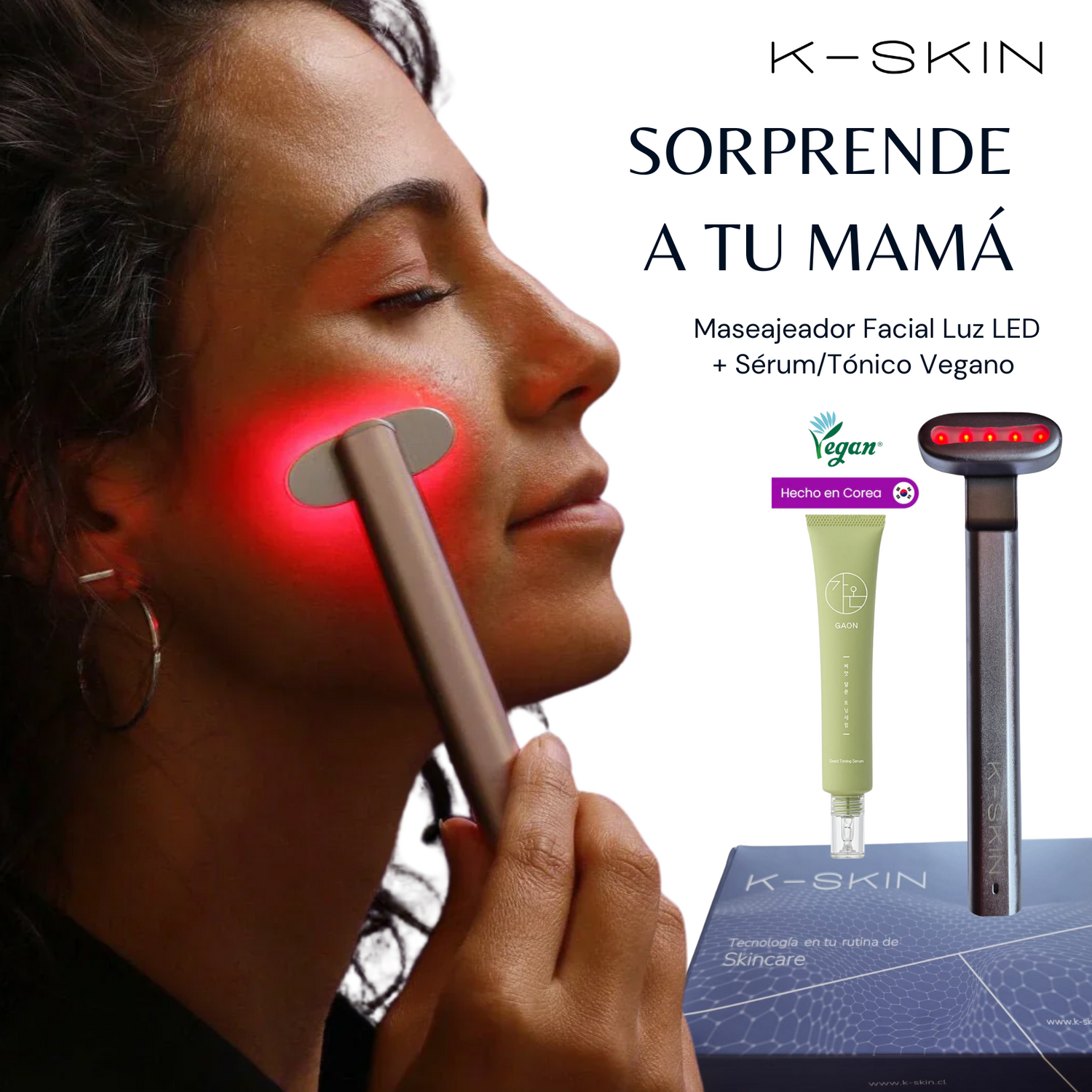 Pack: Masajeador Facial Skincare 4 en 1 con Luz LED Roja + Serum/Tonico Vegano (Gaon)